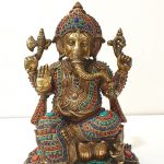Brass Ganesh with Stone Work (10.5 inches tall)