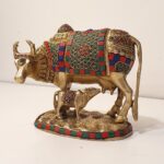 Brass Kamdhenu Cow with Stone Work (6.5 inches tall)