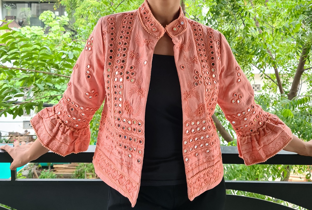 Mehendi Green Zari, Thread, Sequins and Mirror work Jacket Styled Floo –  Seasons Chennai