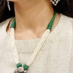 92.5 Sterling Silver Necklace Set with Semi Precious Emerald Stones & Pearls Embedded