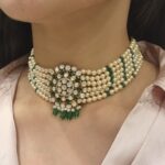 Moissanite, Emerald Beads & Pearls Choker on Silver 92.5