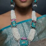 92.5 Sterling Silver Anamika Necklace Set with Turquoise Stones, Pearls and kundan work